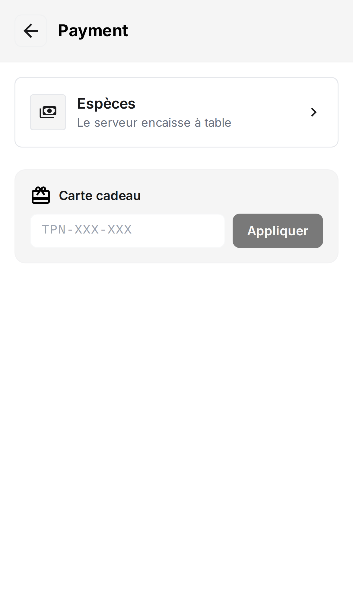 Paiement TapNpay — espèces