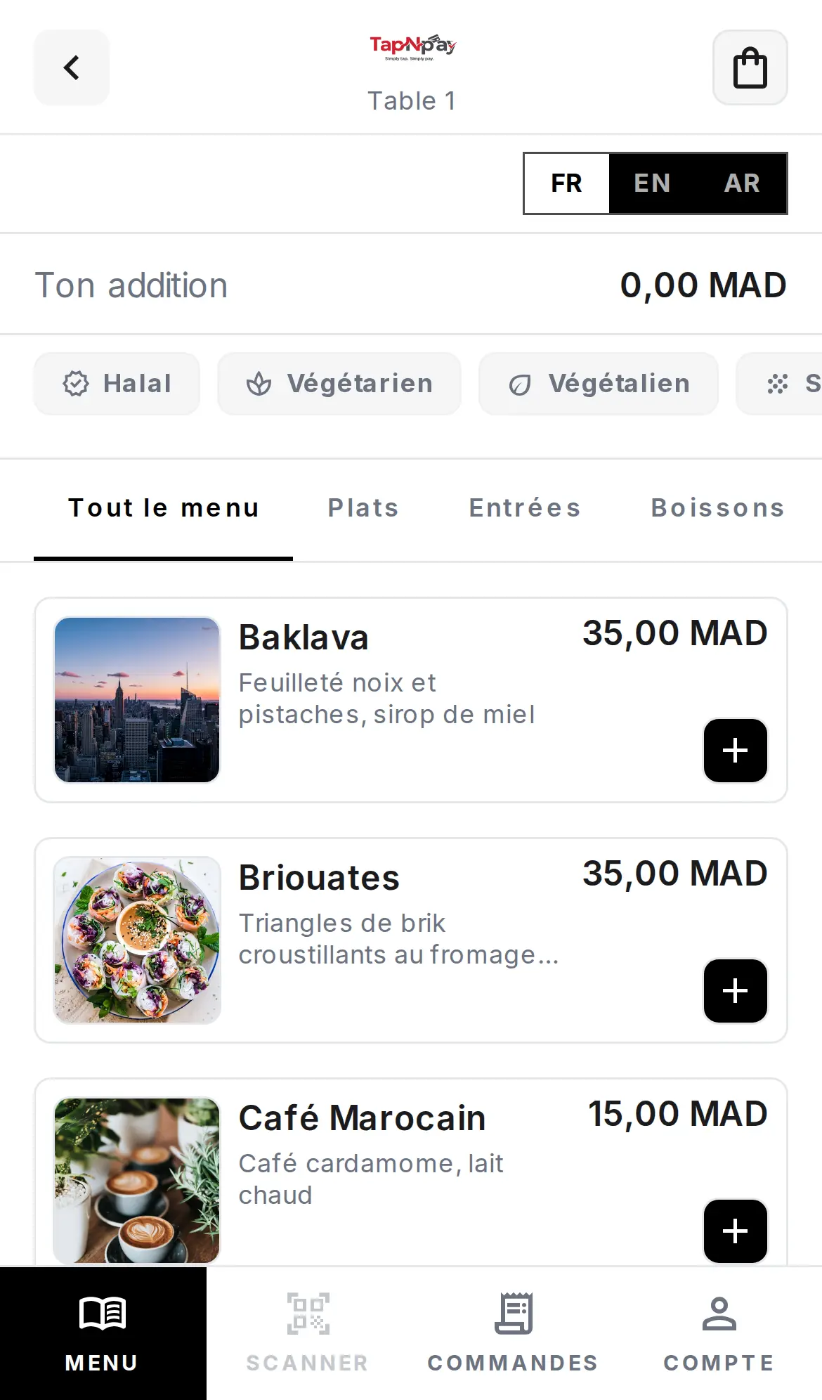 Menu TapNpay sur smartphone