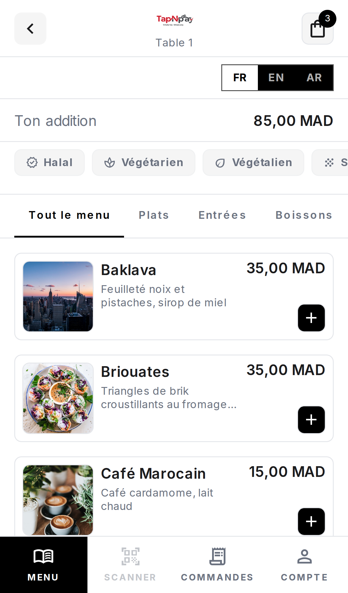 TapNpay PWA — menu, panier 85 MAD, FR · EN · AR